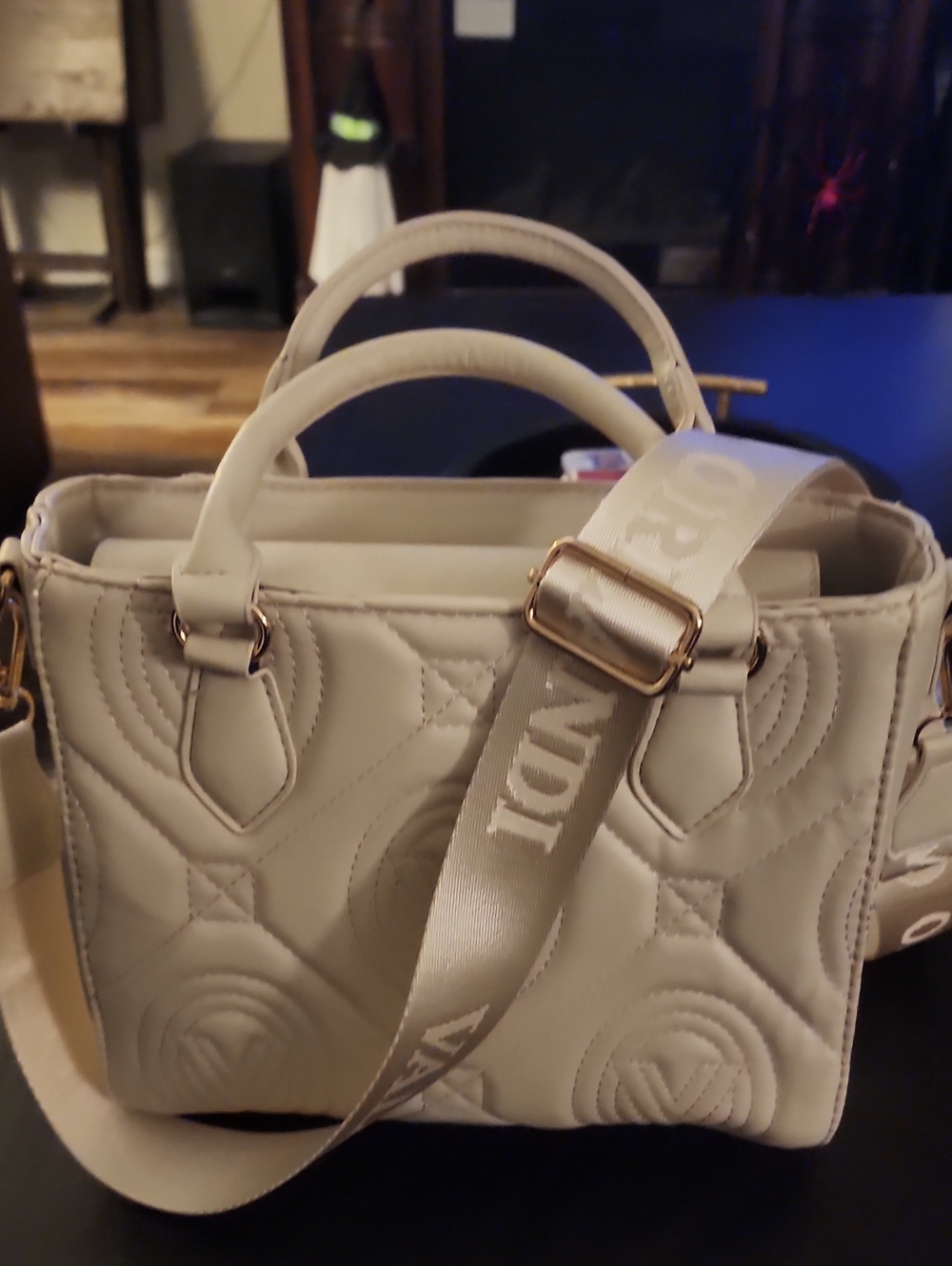 White Quilted Women’s Satchel Handbag - V Logo Accent